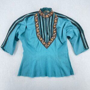 Vintage Harzfeld's Kansas City Teal Boho Tunic Top Silk Brocade Trim XS S